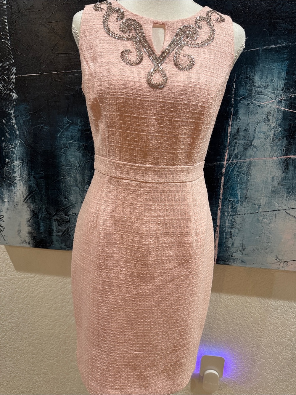 Ellen Tracy Blush Pink Sleeveless Sheath Dress with Beaded Yoke Size 2 Office